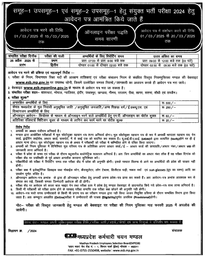 Detailed MP Vyapam job notification for Group 1
